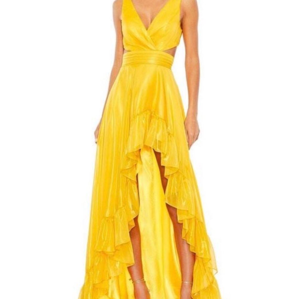 Mac Duggal Bright Yellow High-Low Ruffle Evening Gown
